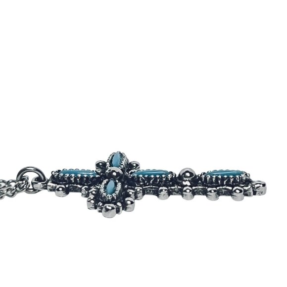 Silver Tone Curb Chain Necklace With Faux Turquoise Cross Pendant (5683) - Picture 8 of 8